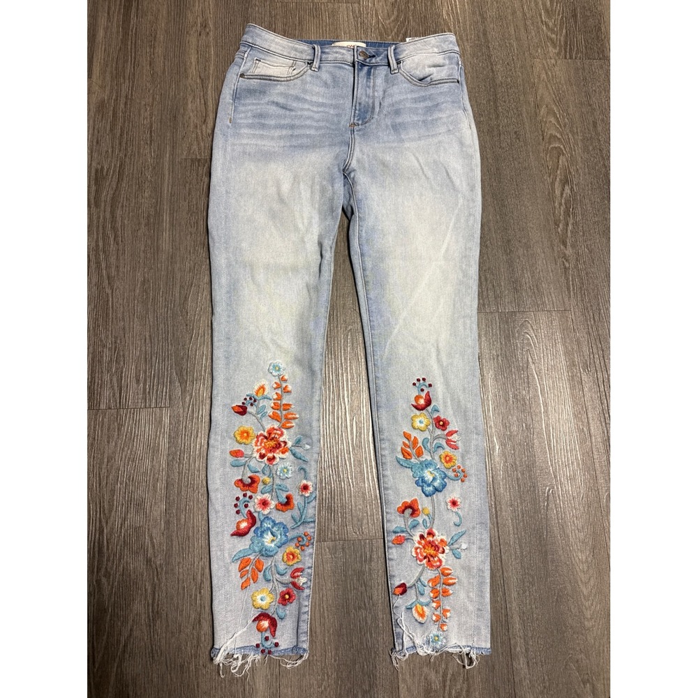 Driftwood Jackie High Rise Floral Embroidered Skinny Jeans Light Wash 28